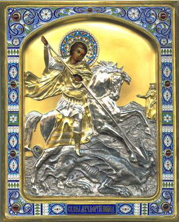 оклад иконы Георгий Победоносец, филигрань, серебро, позолота