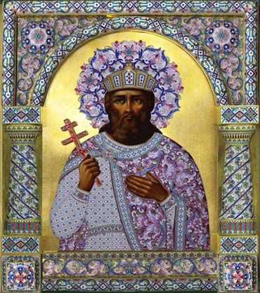 оклад иконы в эмали Св. князь Владимир, филигрань, серебро, позолота