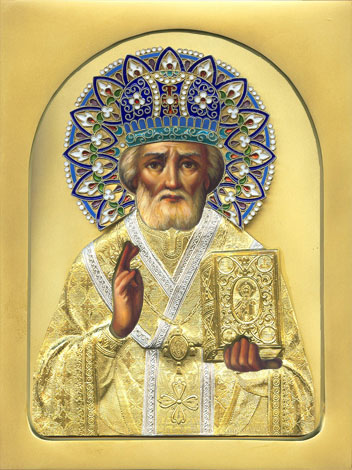 оклад иконы в эмали Св. Николай, филигрань, серебро, позолота
