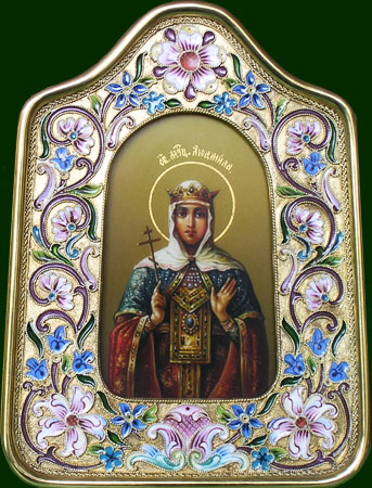 оклад иконы в эмали Св. Людмила, филигрань, серебро, позолота